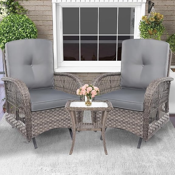 W WARMHOL Outdoor Patio Swing Glider Chair Set, 3 Pieces Patio Bistro Set of 2 Glider Rocker Cushioned Chair and Matching Glass Coffee Table, Wicker Conversation Rocking Glider Sets, Gray