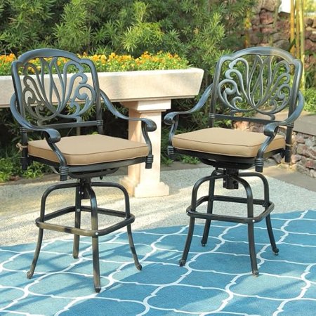 W WARMHOL Outdoor Patio Swivel Bar Stools Set of 2, All-Weather Bar Height Patio Chair with Cushion, Outdoor High Bistro Stools with High Back/Armrest/Footrest for Outside, Lawn & Garden, Dark Bronze
