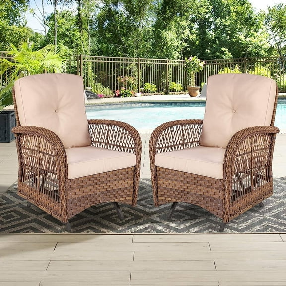 W WARMHOL Outdoor Rattan Swing Glider Chairs, Patio Bistro Set of 2 Chairs with Thickened Cushions, All-Weather Furniture Wicker Conversation Rocking Glider Sets for Patio Balcony & Garden