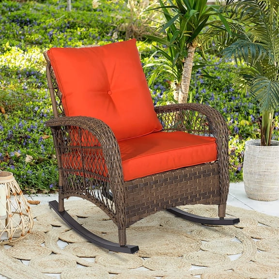 W WARMHOL Outdoor Wicker Oversized Rocking Chair, All Weather- Resistant Patio Rocking Chair for Garden Lawn, Patio Wicker Furniture Seat with 4” Thick Cushion, Orange