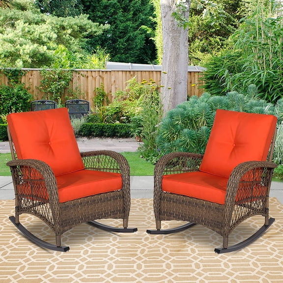 W WARMHOL Outdoor Wicker Rocking Chair with Thickened Cushions, All-Weather Rattan Patio Rocking Chairs, Rocker Wicker Chair for Porch Garden & Backyard, Orange, Set of 2