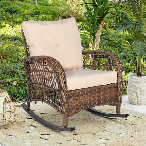 W WARMHOL Outdoor Wicker Rocking Chair with Thickened Cushions, All-Weather Rattan Patio Rocking Chairs, Rocker Wicker Chair for Porch Garden & Backyard, Beige