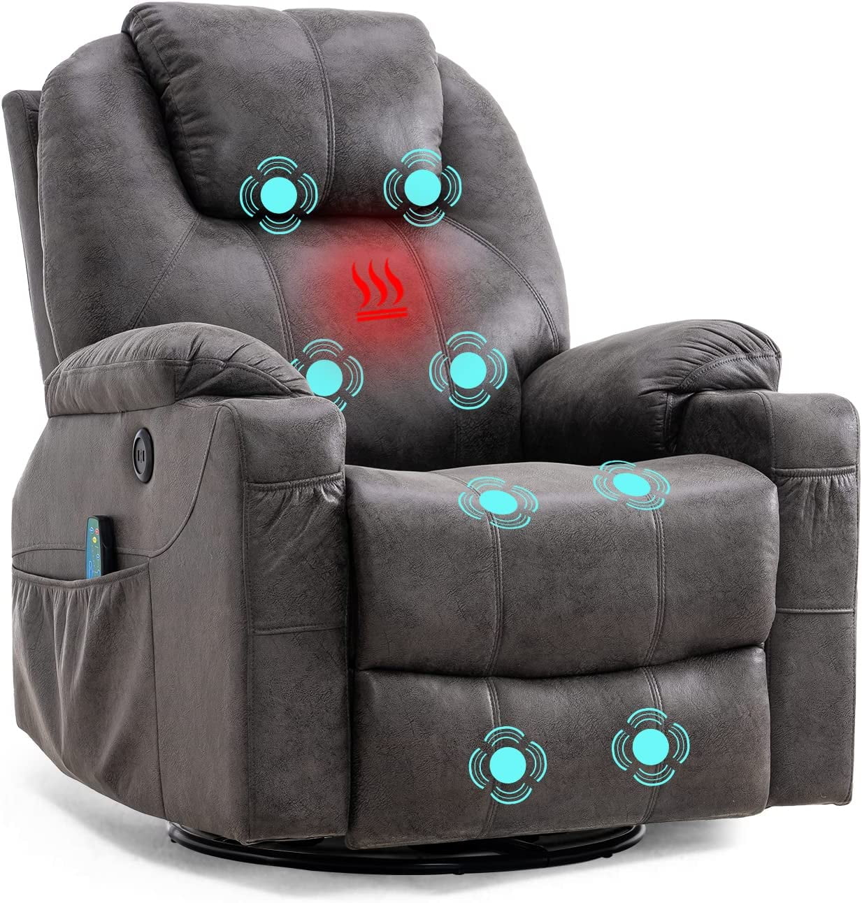 W WARMHOL Swivel Rocker Recliner Chair - Manual Glider Rocking Recliner Chair with Heated Massage Ergonomic Lounge Reclining Chair with 4 Pockets/Cup Holders/Remote Control/USB Ports (Gray)
