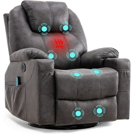 W WARMHOL Swivel Rocker Recliner Chair - Manual Glider Rocking Recliner Chair with Heated Massage Ergonomic Lounge Reclining Chair with 4 Pockets/Cup Holders/Remote Control/USB Ports (Gray)