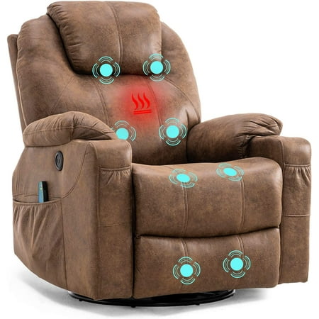 W WARMHOL Swivel Rocker Recliner Chair - Manual Glider Rocking Recliner Chair with Heated Massage Ergonomic Lounge Reclining Chair with 4 Pockets/Cup Holders/Remote Control/USB Ports (Brown)