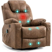 W WARMHOL Swivel Rocker Recliner Chair - Manual Glider Rocking Recliner Chair with Heated Massage Ergonomic Lounge Reclining Chair with 4 Pockets/Cup Holders/Remote Control/USB Ports Brown