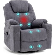 W WARMHOL Swivel Rocker Recliner Chair - Manual Glider Rocking Recliner Chair with Heated Massage Ergonomic Lounge Reclining Chair with Cup Holders/4 Pockets/Remote Control/USB Ports Gray
