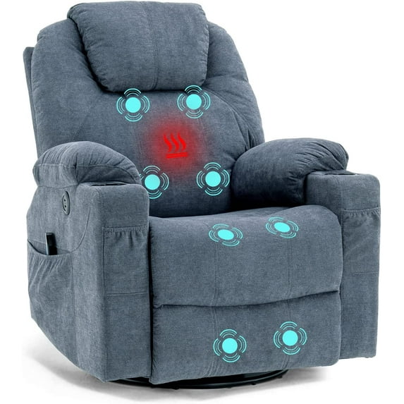 W WARMHOL Swivel Rocker Recliner Chair - Manual Glider Rocking Recliner Chair with Heated Massage Ergonomic Lounge Reclining Chair with Cup Holders/4 Pockets/Remote Control/USB Ports (Gray-Blue)
