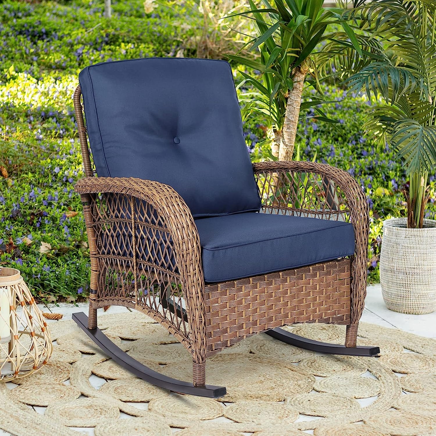 W WARMHOL Outdoor Wicker Rocking Chair, All-Weather Rattan, Thick ...