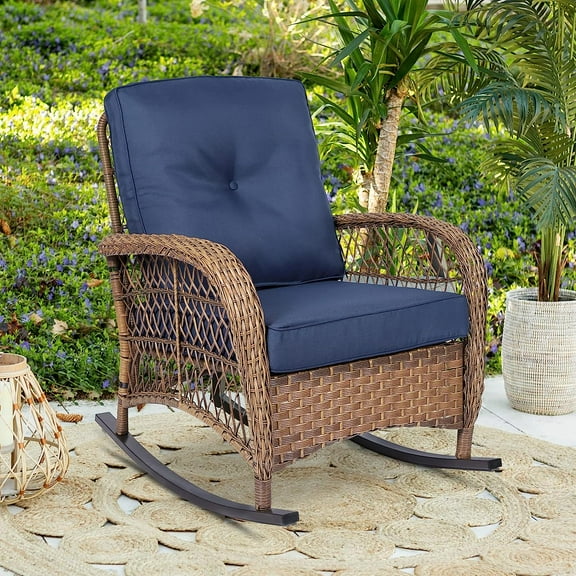 W Warmhol Solid Print Stainless Steel and Rattan Outdoor Adjustable Height Rocking Chair,Navy-Blue