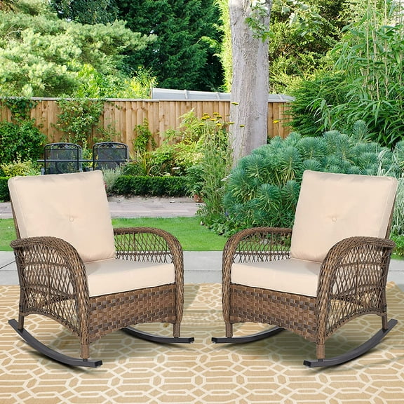 W Warmhol Solid Print Stainless Steel and Rattan Outdoor Rocking Chair, Beige (Set of 2)
