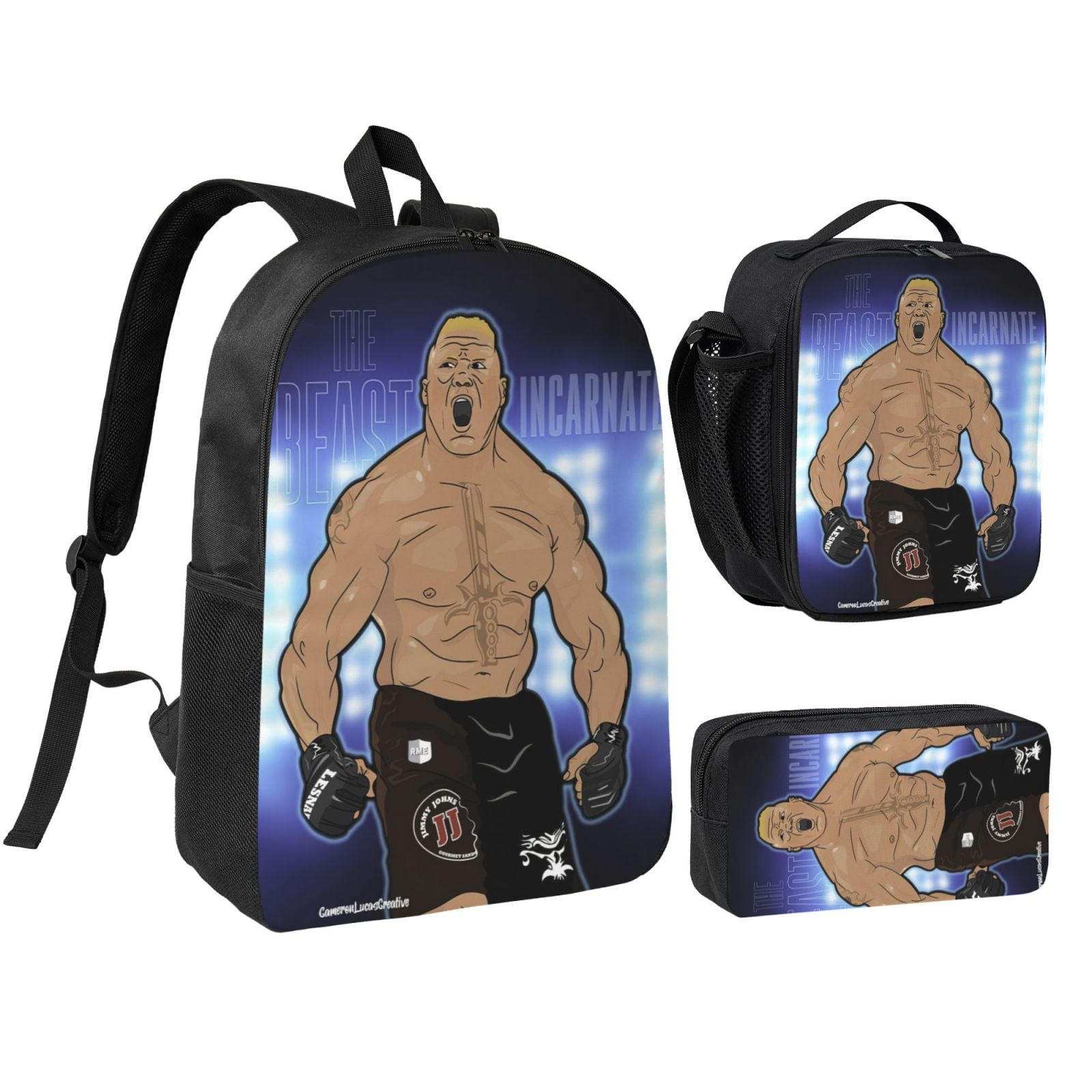W-We Brock Lesnar 3pcs Backpack Set With Lunch Bag And Pencil Case, Lightweight Laptop Backpack, Large Capacity Shoulders Daypack, Durable Daily Travel Set For Work, Commute, Outdoor Use