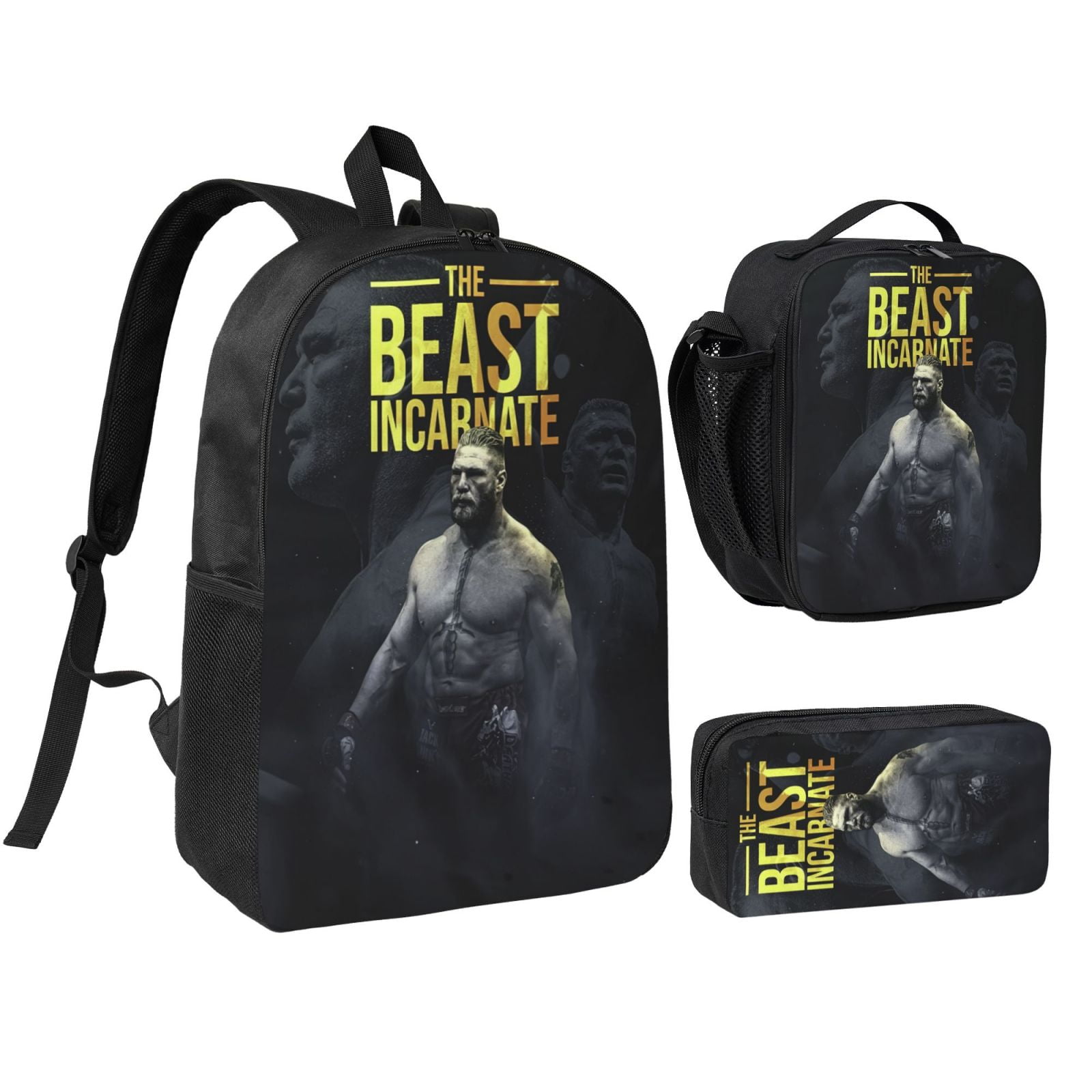 W-We Brock Lesnar 3pcs Backpack Set With Lunch Bag And Pencil Case, Lightweight Laptop Backpack, Large Capacity Shoulders Daypack, Durable Daily Travel Set For Work, Commute, Outdoor Use