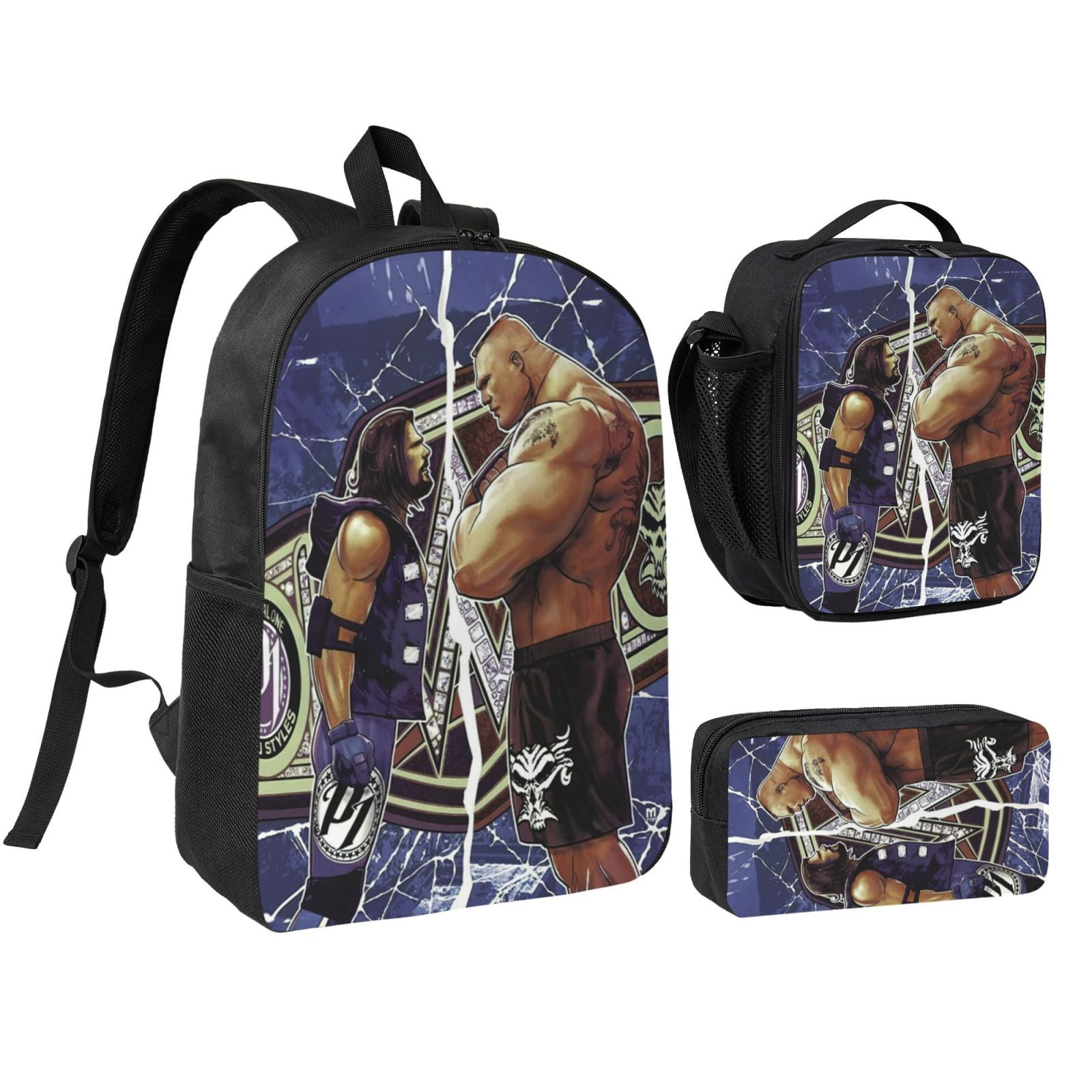 W-We Brock Lesnar 3pcs Backpack Set With Lunch Bag And Pencil Case, Lightweight Laptop Backpack, Large Capacity Shoulders Daypack, Durable Daily Travel Set For Work, Commute, Outdoor Use
