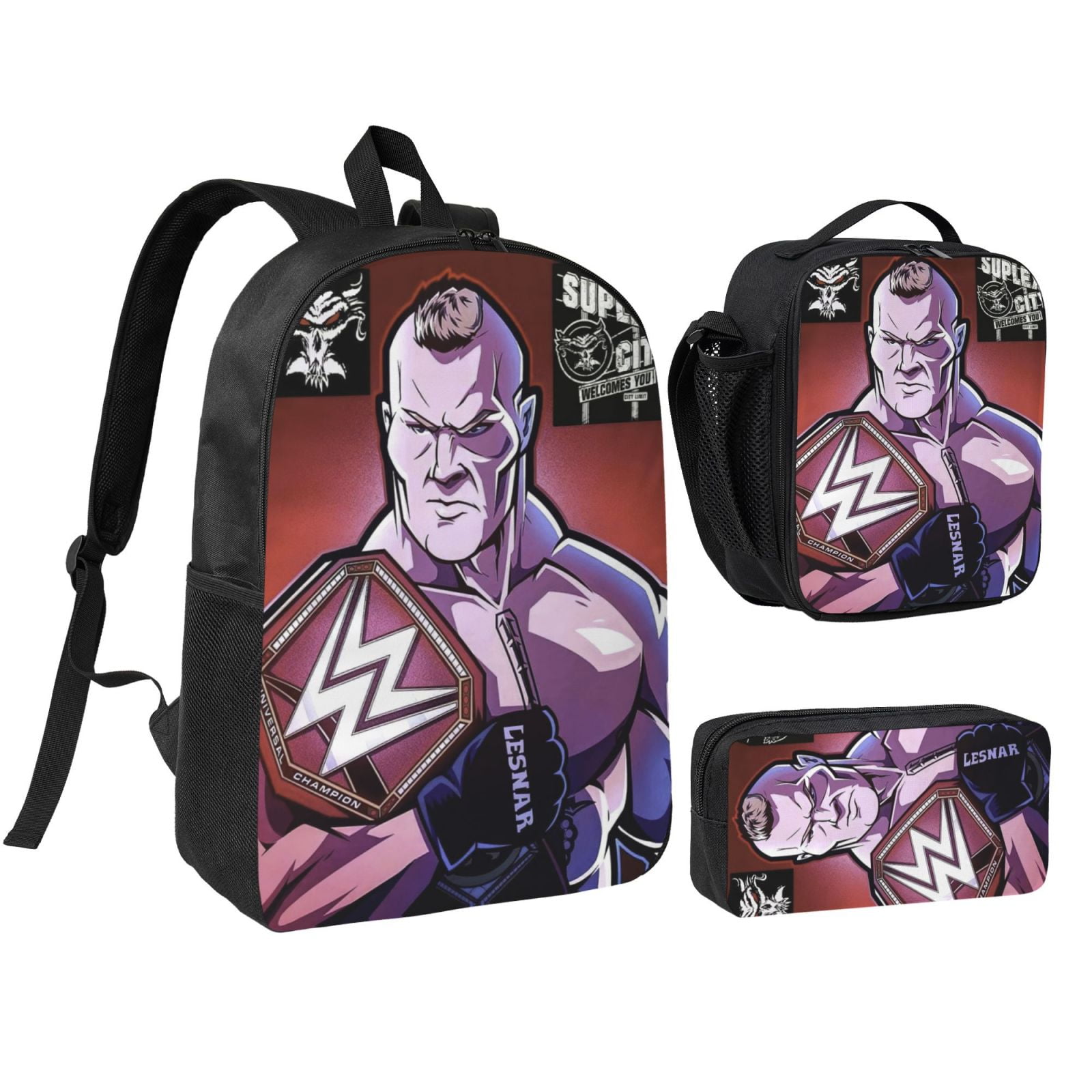 W-We Brock Lesnar 3pcs Backpack Set With Lunch Bag And Pencil Case, Lightweight Laptop Backpack, Large Capacity Shoulders Daypack, Durable Daily Travel Set For Work, Commute, Outdoor Use