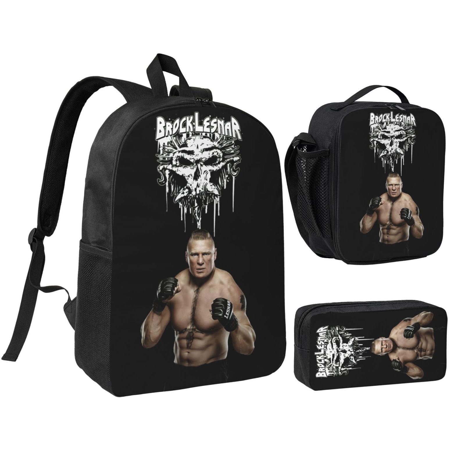 W-We Brock Lesnar 3pcs Backpack Set With Lunch Bag And Pencil Case, Lightweight Laptop Backpack, Large Capacity Shoulders Daypack, Durable Daily Travel Set For Work, Commute, Outdoor Use