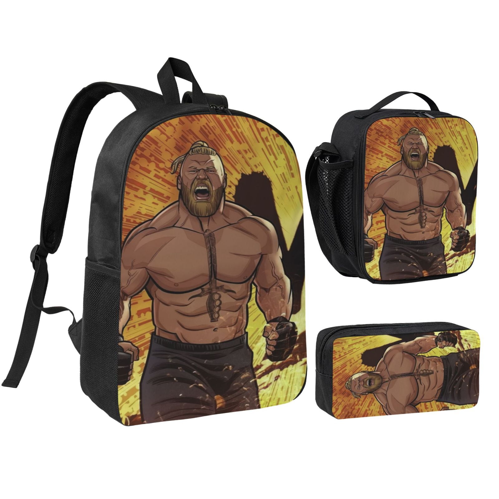 W-We Brock Lesnar 3pcs Backpack Set With Lunch Bag And Pencil Case, Lightweight Laptop Backpack, Large Capacity Shoulders Daypack, Durable Daily Travel Set For Work, Commute, Outdoor Use