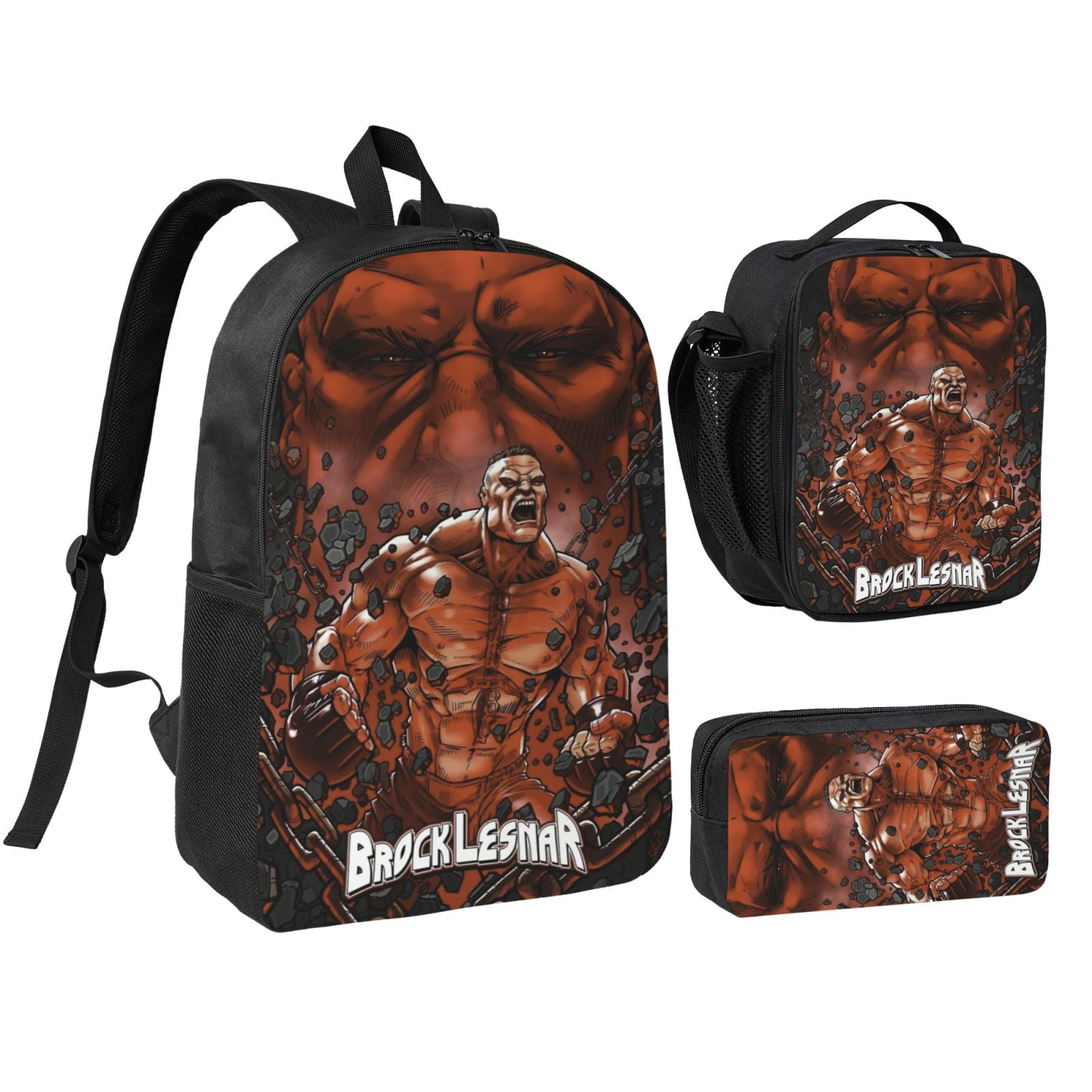 W-We Brock Lesnar 3pcs Backpack Set With Lunch Bag And Pencil Case, Lightweight Laptop Backpack, Large Capacity Shoulders Daypack, Durable Daily Travel Set For Work, Commute, Outdoor Use