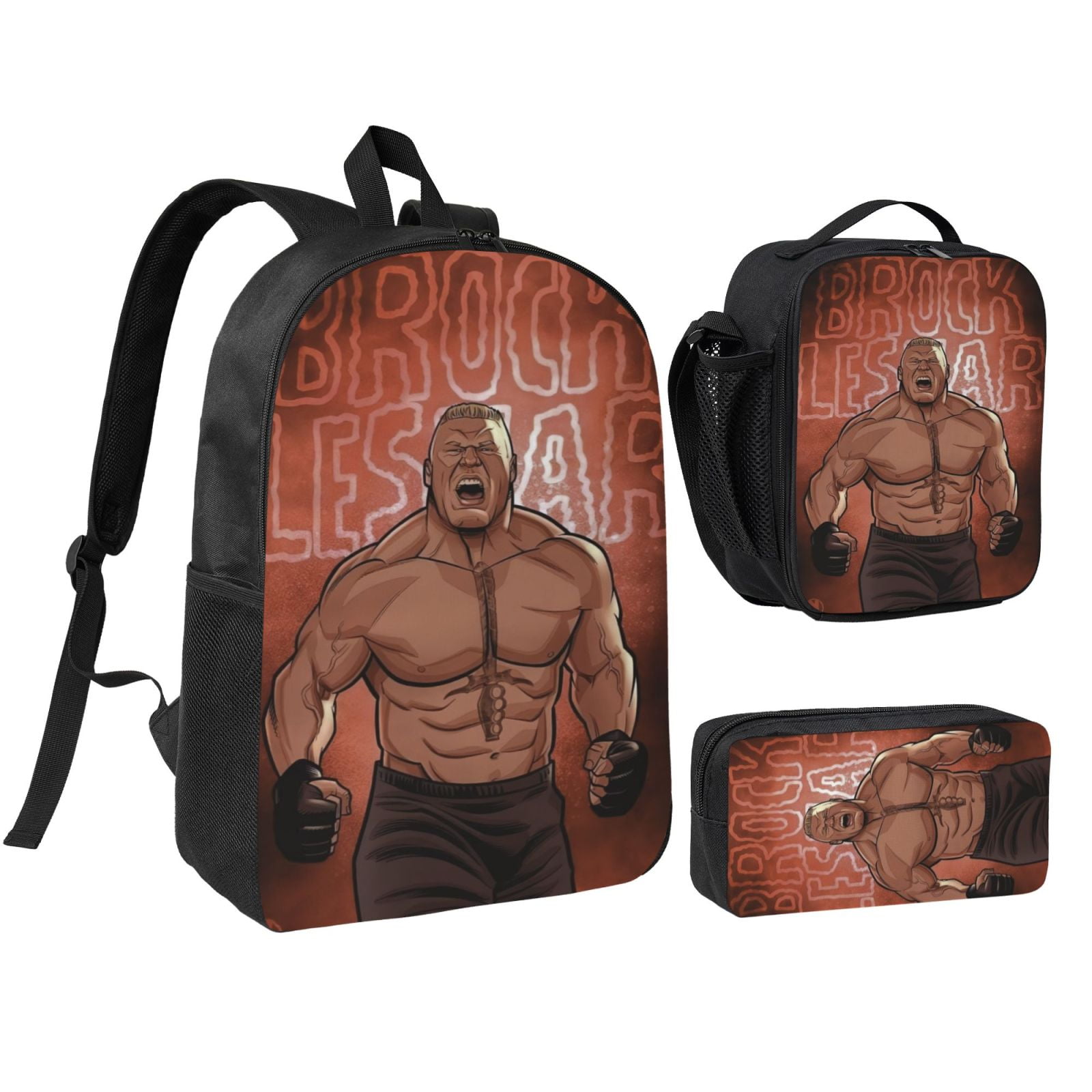 W-We Brock Lesnar 3pcs Backpack Set With Lunch Bag And Pencil Case, Lightweight Laptop Backpack, Large Capacity Shoulders Daypack, Durable Daily Travel Set For Work, Commute, Outdoor Use