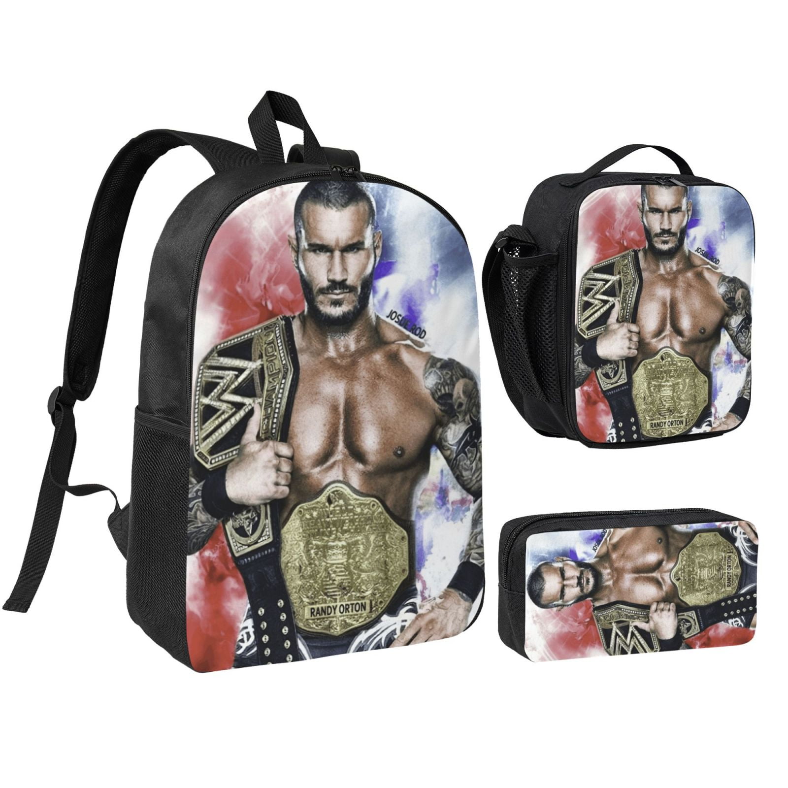 W-We Randy Orton 3pcs Backpack Set With Lunch Bag And Pencil Case, Lightweight Laptop Backpack, Large Capacity Shoulders Daypack, Durable Daily Travel Set For Work, Commute, Outdoor Use