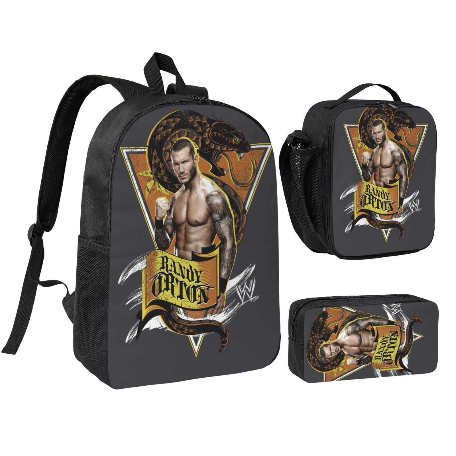 W-We Randy Orton 3pcs Backpack Set With Lunch Bag And Pencil Case, Lightweight Laptop Backpack, Large Capacity Shoulders Daypack, Durable Daily Travel Set For Work, Commute, Outdoor Use