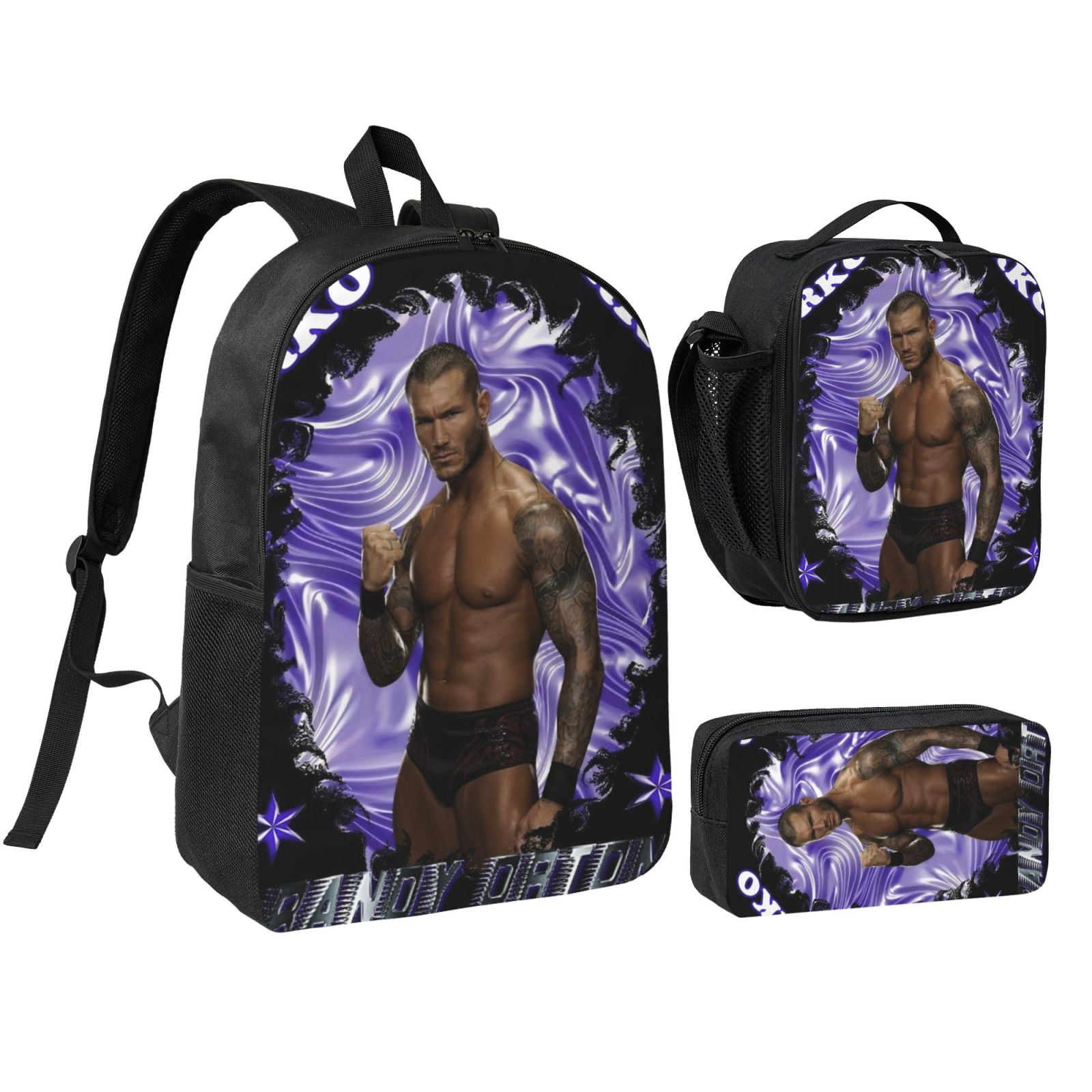 W-We Randy Orton 3pcs Backpack Set With Lunch Bag And Pencil Case, Lightweight Laptop Backpack, Large Capacity Shoulders Daypack, Durable Daily Travel Set For Work, Commute, Outdoor Use
