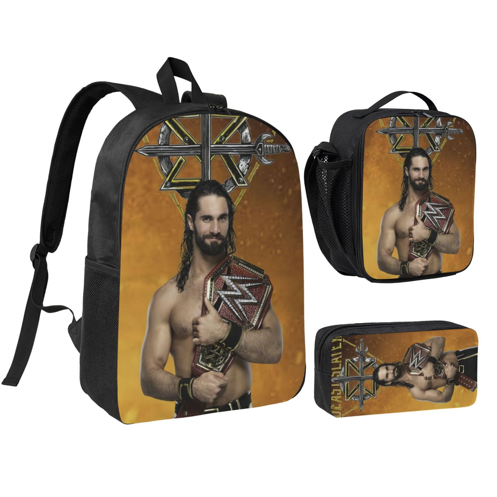 W-We Seth Rollins 3pcs Backpack Set With Lunch Bag And Pencil Case, Lightweight Laptop Backpack, Large Capacity Shoulders Daypack, Durable Daily Travel Set For Work, Commute, Outdoor Use