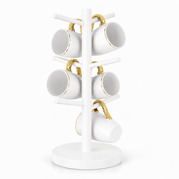 W White Coffee Mug Tree, Updated Thick Bamboo Mug Holder Base,Coffee Cup Stand Mug Holders with 6 Hooks for Countertop Organizer Stand