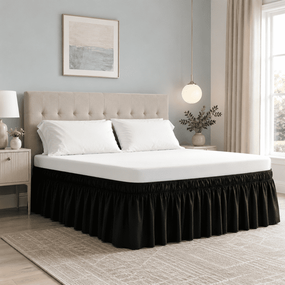 W Wrap Around Black Twin Size Bed Skirt 14 Inch Drop, Elastic Dust Ruffle Easy to Put On, Solid Bedskirt Polyester Fabric Machine Washable Dryable and Ironable