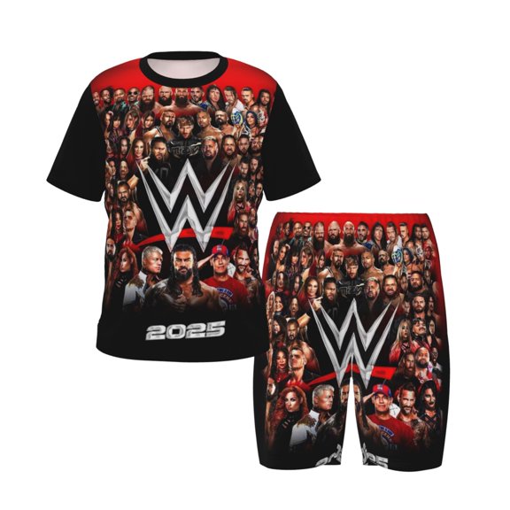 Wres-Tler-W,W-E Pajamas Set Cartoon Shirt With Shorts Set Summer Sleepwear For Home Outdoor