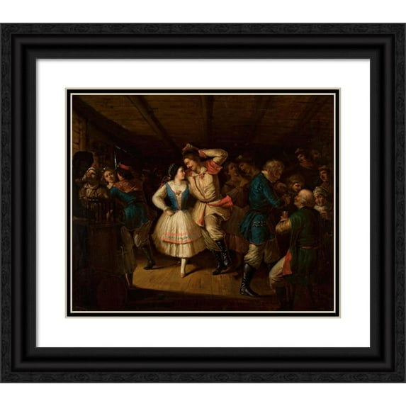 Władysław Bakałowicz 17x15 Black Ornate Wood Framed Double Matted Museum Art Print Titled - Krakow Region Folk Dance in a Tavern (1851)
