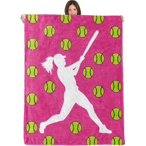 Sport Softball Blanket,60x50 Inch,Cozy Flannel Throw with Yellow Softballs and Female Batter Silhouette Pink Design,Soft Lightweight Gifts Blankets for Teens,Sofa Bed Travel Living Room Decor