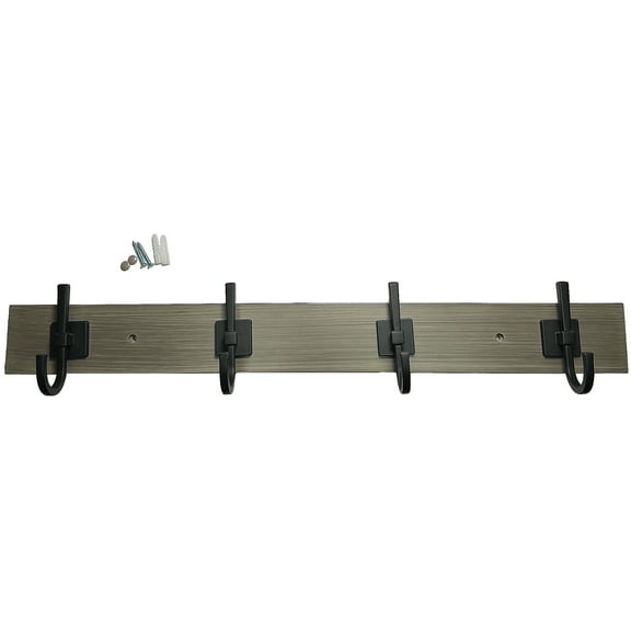 Würth 27" Rustic Gray Hook Board with 4 Matte Black Hooks, Wood with Metal Hooks, Interior Wall Hooks