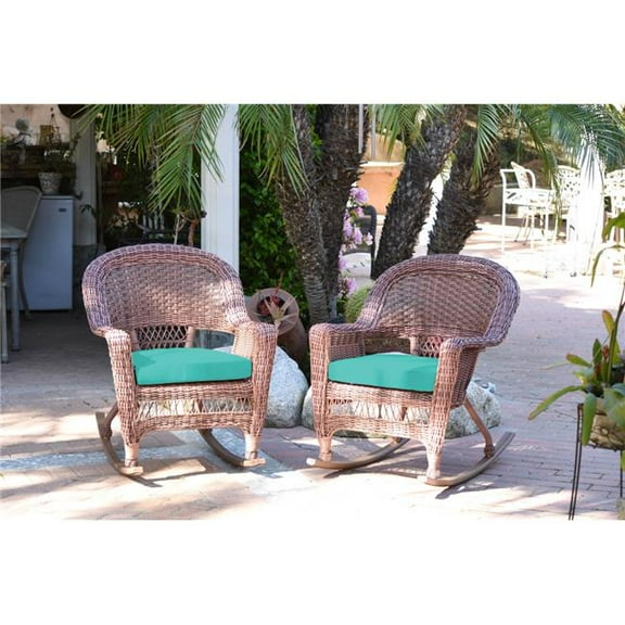 W00205R-C-2-FS032 Honey Rocker Wicker Chair with Turquoise Cushion - Set of 2