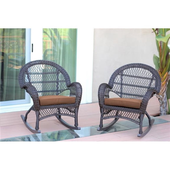 W00208-R-2-FS007-CS Espresso Wicker Rocker Chair with Brown Cushion - Set of 2