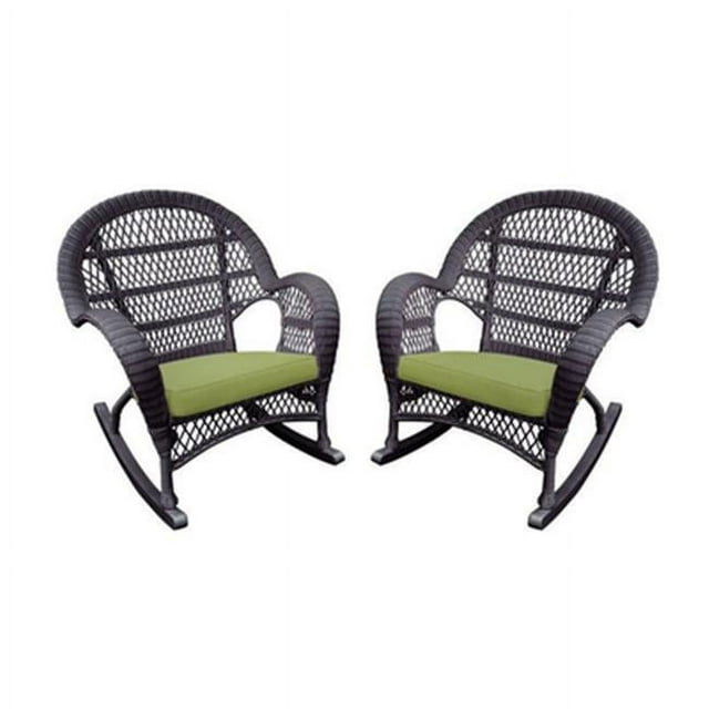 W00208-R-4-FS029-CS Espresso Wicker Rocker Chair with Green Cushion - Set of 4
