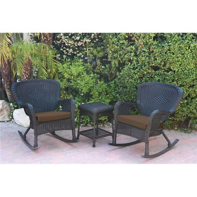 W00214-2-RCES007 Windsor Black Wicker Rocker Chair & End Table Set with Brown Cushion