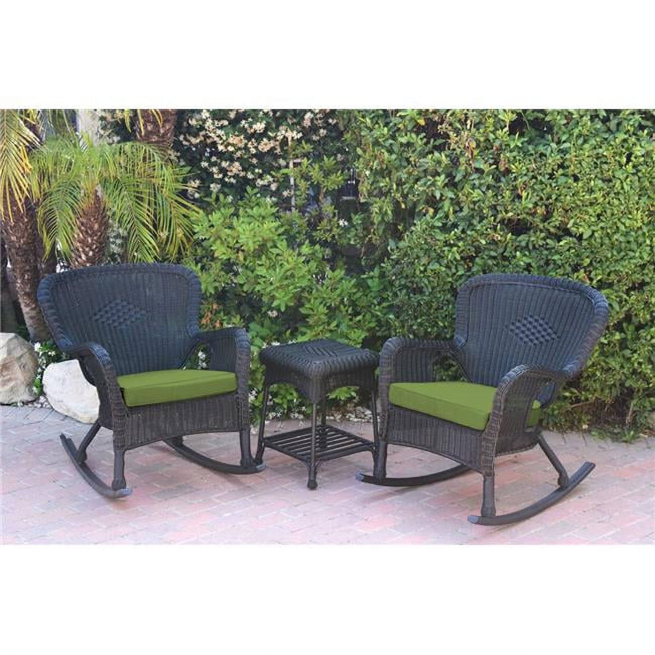 W00214-2-RCES029 Windsor Black Wicker Rocker Chair & End Table Set with Green Cushion - image 1 of 1