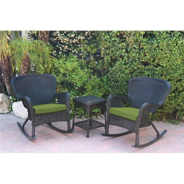 W00214-2-RCES029 Windsor Black Wicker Rocker Chair & End Table Set with Green Cushion