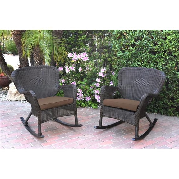W00215-R-2-FS007 Windsor Espresso Resin Wicker Rocker Chair with Brown Cushion - Set of 2