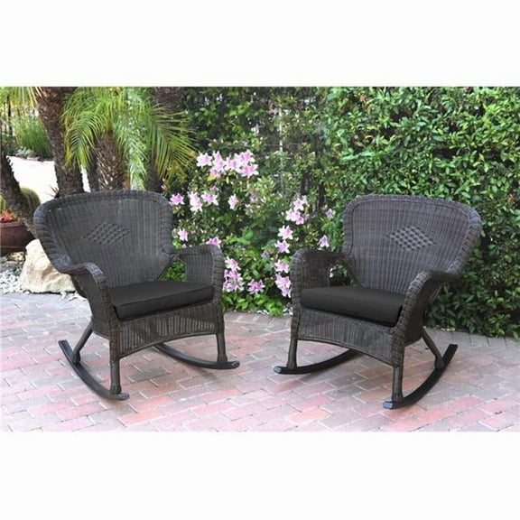 W00215-R-2-FS017 Windsor Espresso Resin Wicker Rocker Chair with Black Cushion - Set of 2