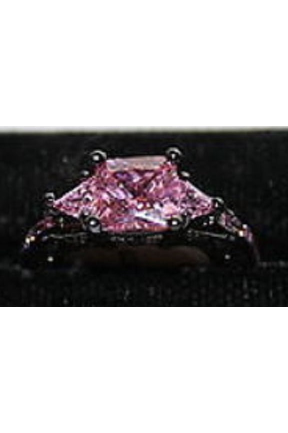 W00364 Black Ring with Pink Crystals Size 6