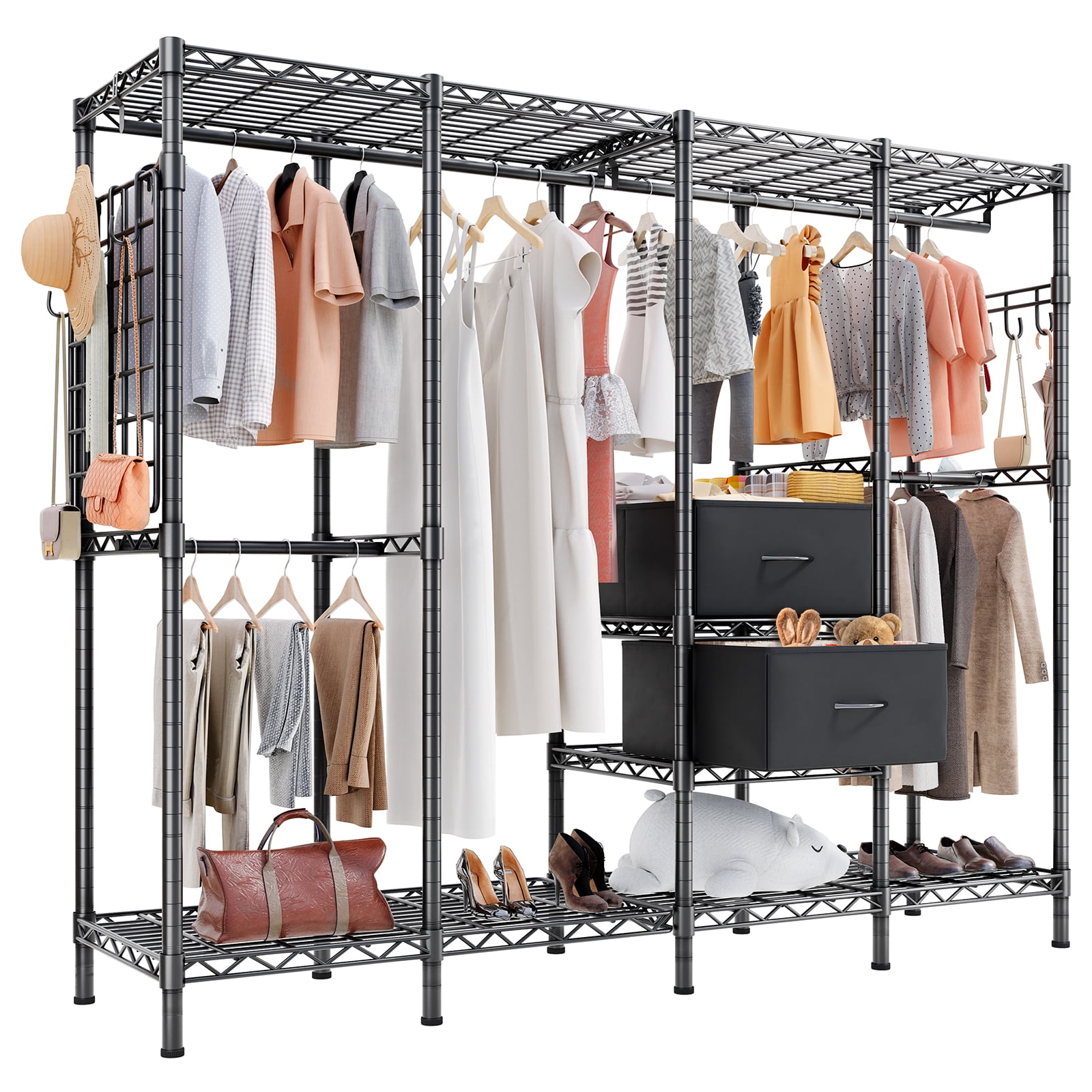 HOKEEPER 1350LBS 76" L x 17" W x 76" H Portable Closet Wardrobe Heavy Duty Clothes Rack, Freestanding Clothing Rack with 6 Hang Rods, 10 Shelves & 2 Drawers , Adjustable Closet Garment Rack, Black