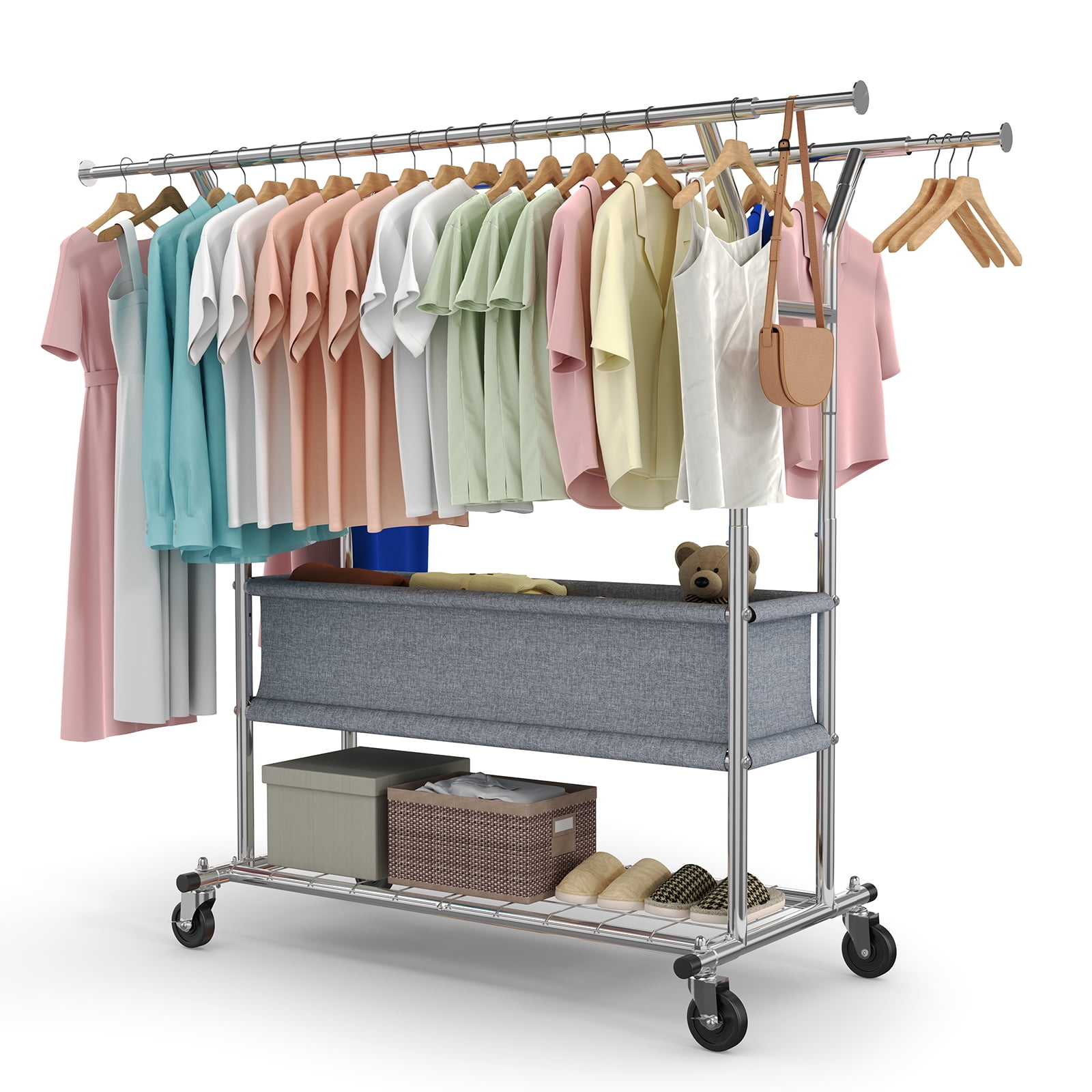 Untyo Heavy Duty Expandable Garment Rack with Shelves Freestanding Steel Closet Organizer Adjustable Height Walmart