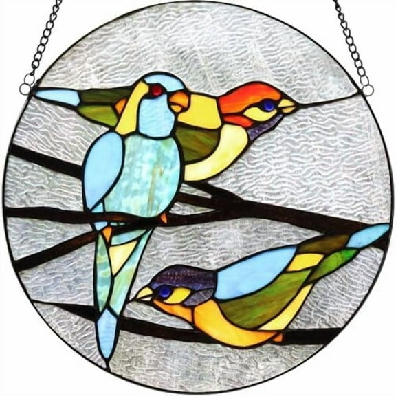 W10044 Parrots on Branches Tiffany Style Stained Glass Window Panel Hangings with Chain, 16-inch Wide Round Shape, Blue$$Home Decor, Kitchen, & Other
