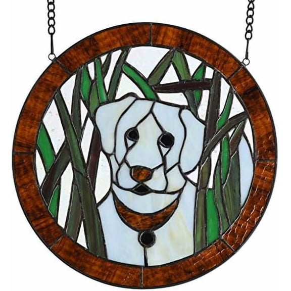 W10071 White Dog in The Grass Tiffany Style Stained Glass Window Panel, Round Shape, 12 inches Wide$$Home Decor, Kitchen, & Other