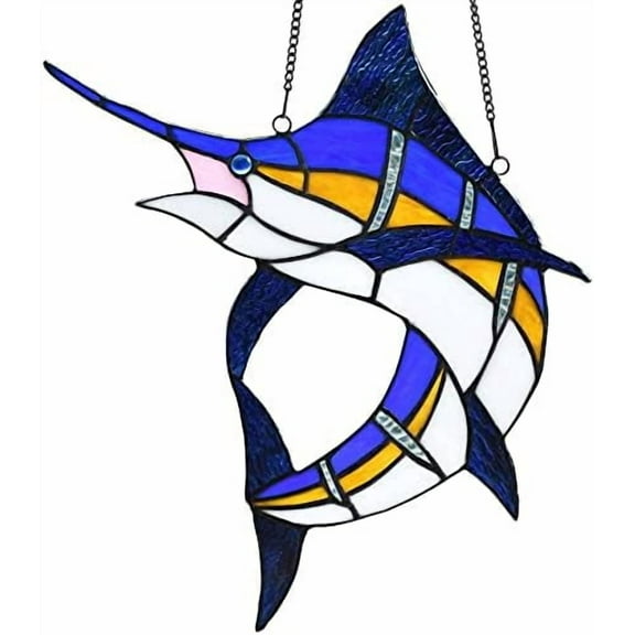 W10081 Blue Atlantic Marlin Sailfish Tiffany Style Stained Glass Window Panel Hangings, 14.75" Wx14 H$$Home Decor, Kitchen, & Other