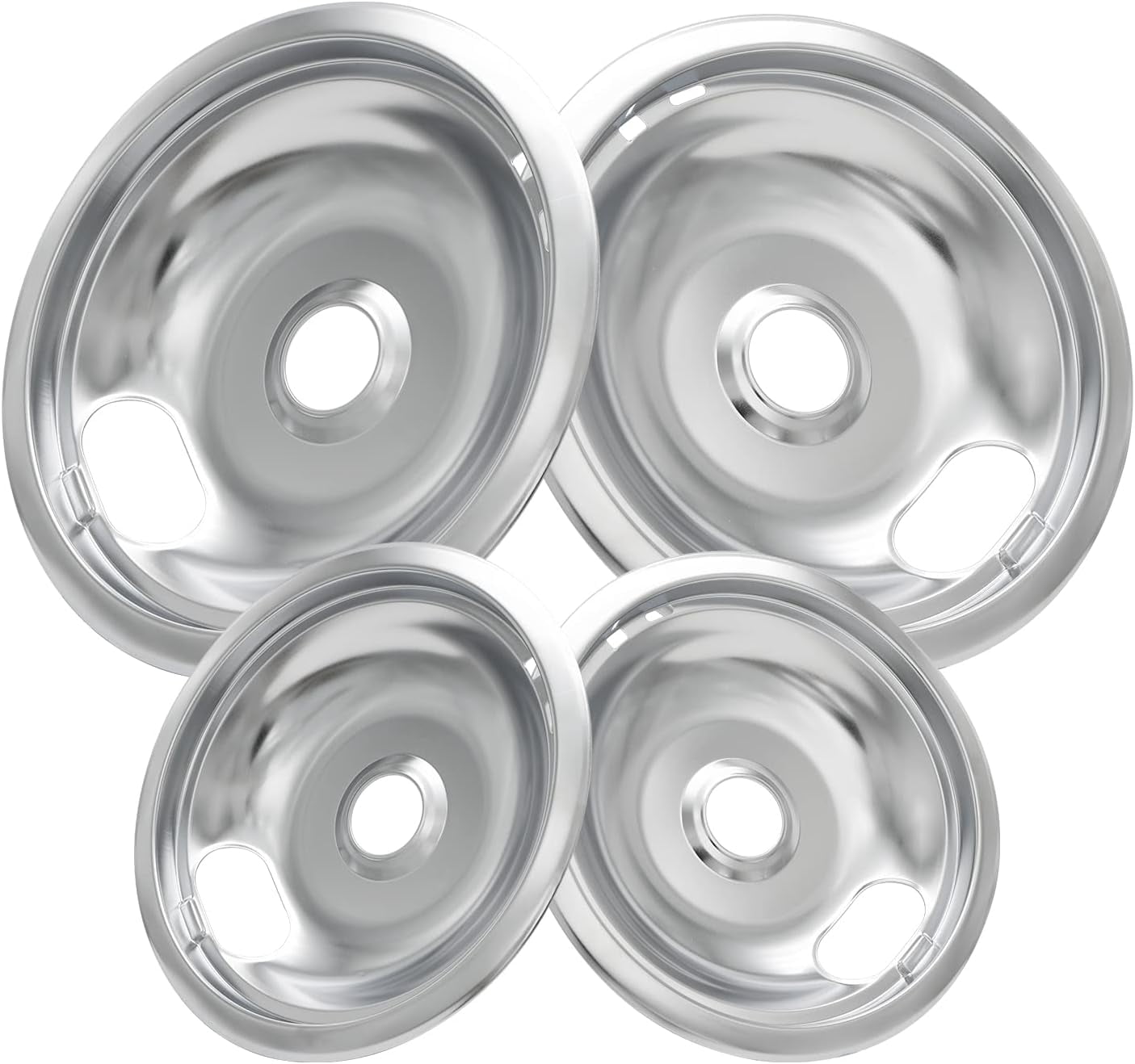 W10196405 W10196406 Stove Burner Drip Pans for Electric Stove Top-Compatible with Whirlpool Electric Range-Thickening to Prevent Bent-Set of 4 Chrome Drip Pans, Silver Chrome,Whirlpool