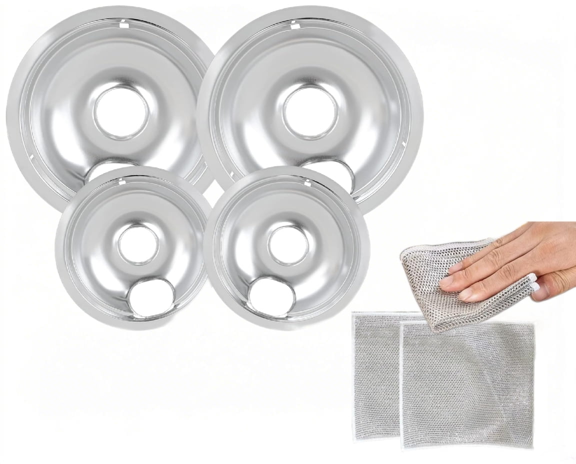 W10196406 and W10196405 Chrome Stove Burner Drip Pan Set for Whirlpool Kenmore Electric Range,Thickening to Prevent Bending and Rust,Includes 2*6-Inch and 2*8-Inch Drip Bowls