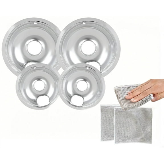 W10196406 and W10196405 Chrome Stove Burner Drip Pan Set for Whirlpool Kenmore Electric Range,Thickening to Prevent Bending and Rust,Includes 2*6-Inch and 2*8-Inch Drip Bowls